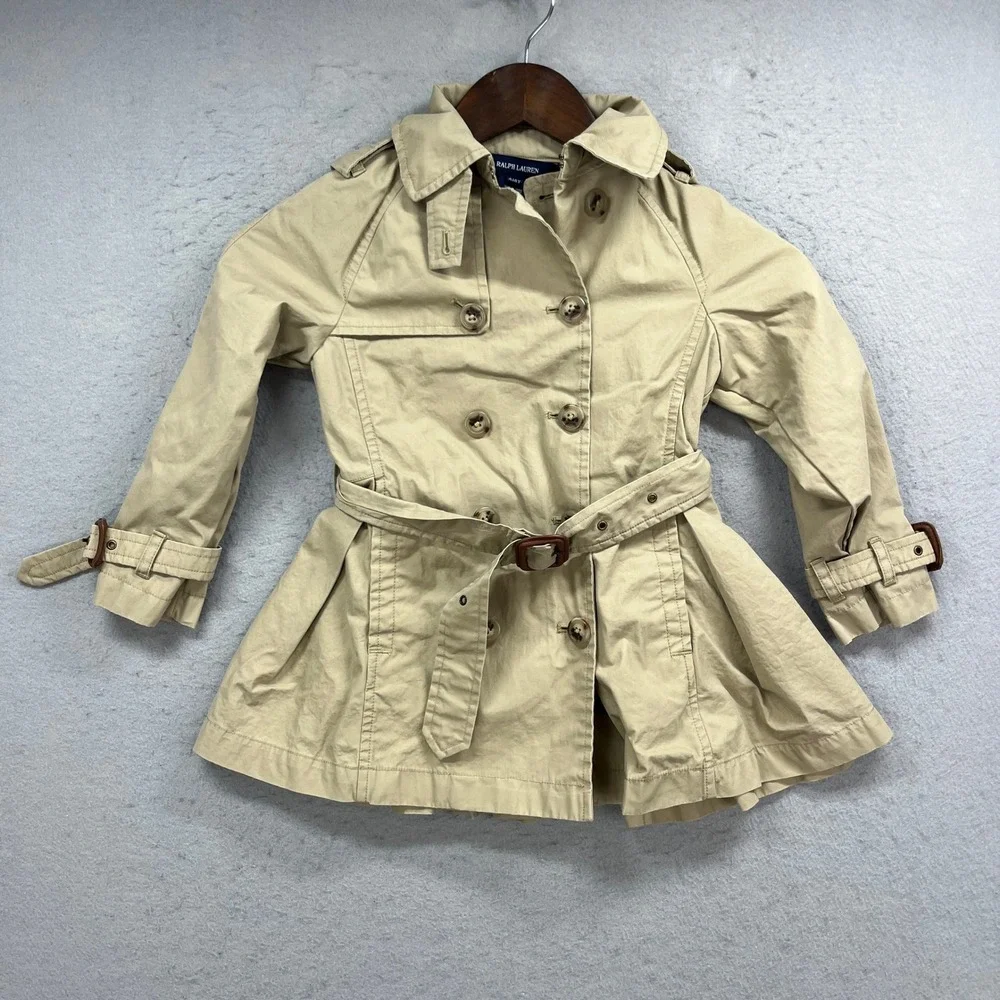 Ralph Lauren Trench Coat Kids 4T Beige Double Breasted Pleated Peplum Classic